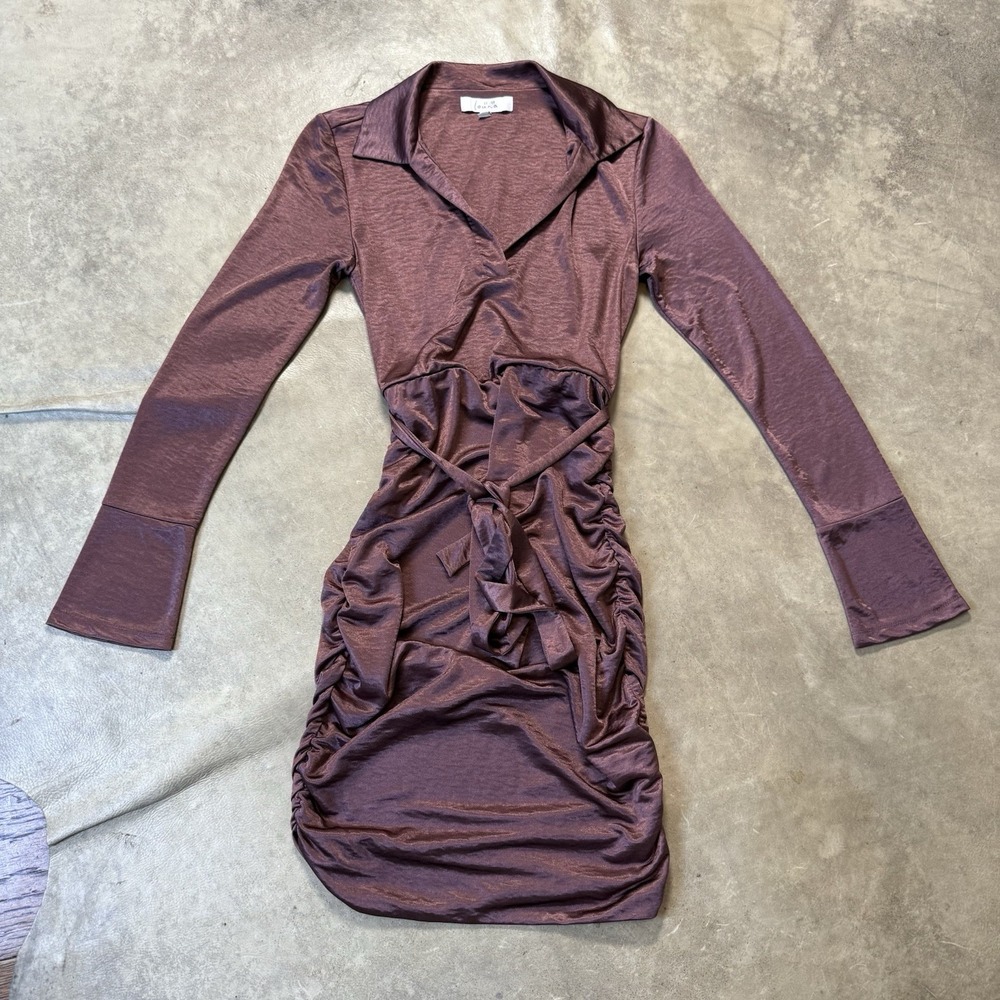 Louna X Revolve Satin Maroon Brown Mini Dress Size XS Ruched Belted Collared